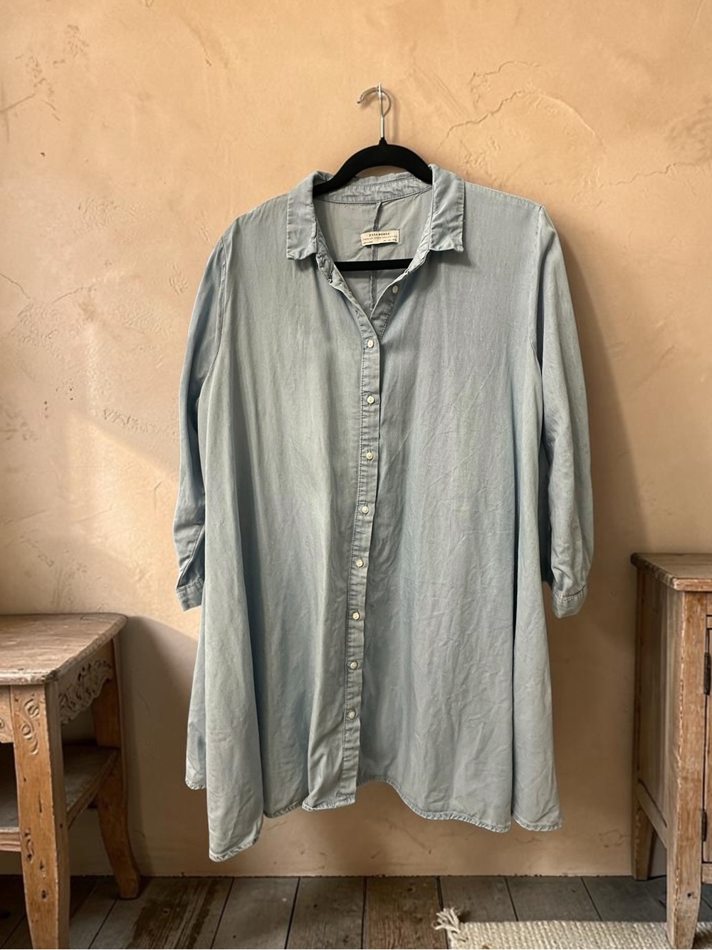 Zara Woman Chambray Style Long Wide Cut Button Down Shirt. Size: Large